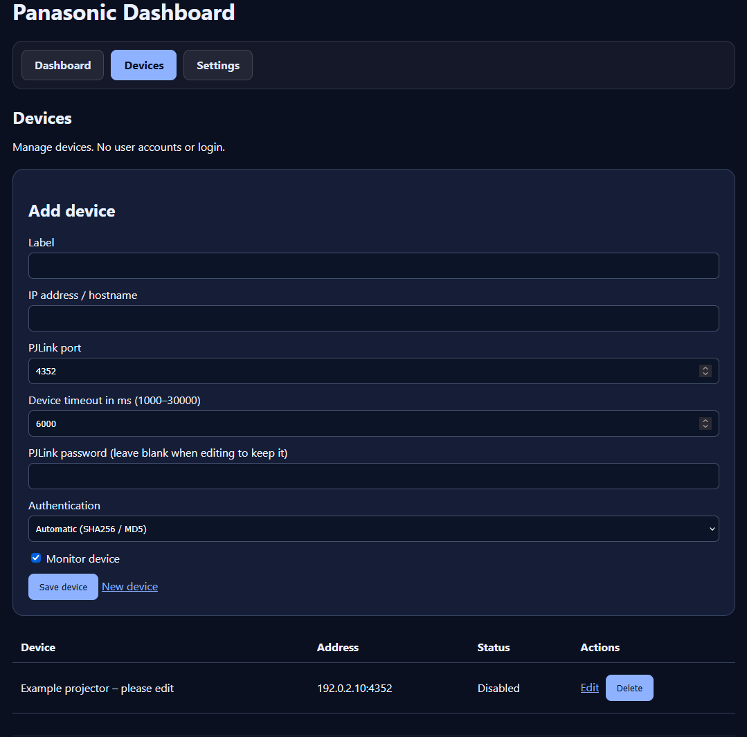 panasonic dashboard - add new